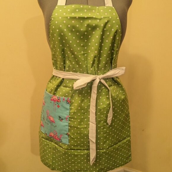 NWT Handmade Reversible Apron - Christmas flamingos and dots - One Size - Picture 3 of 4